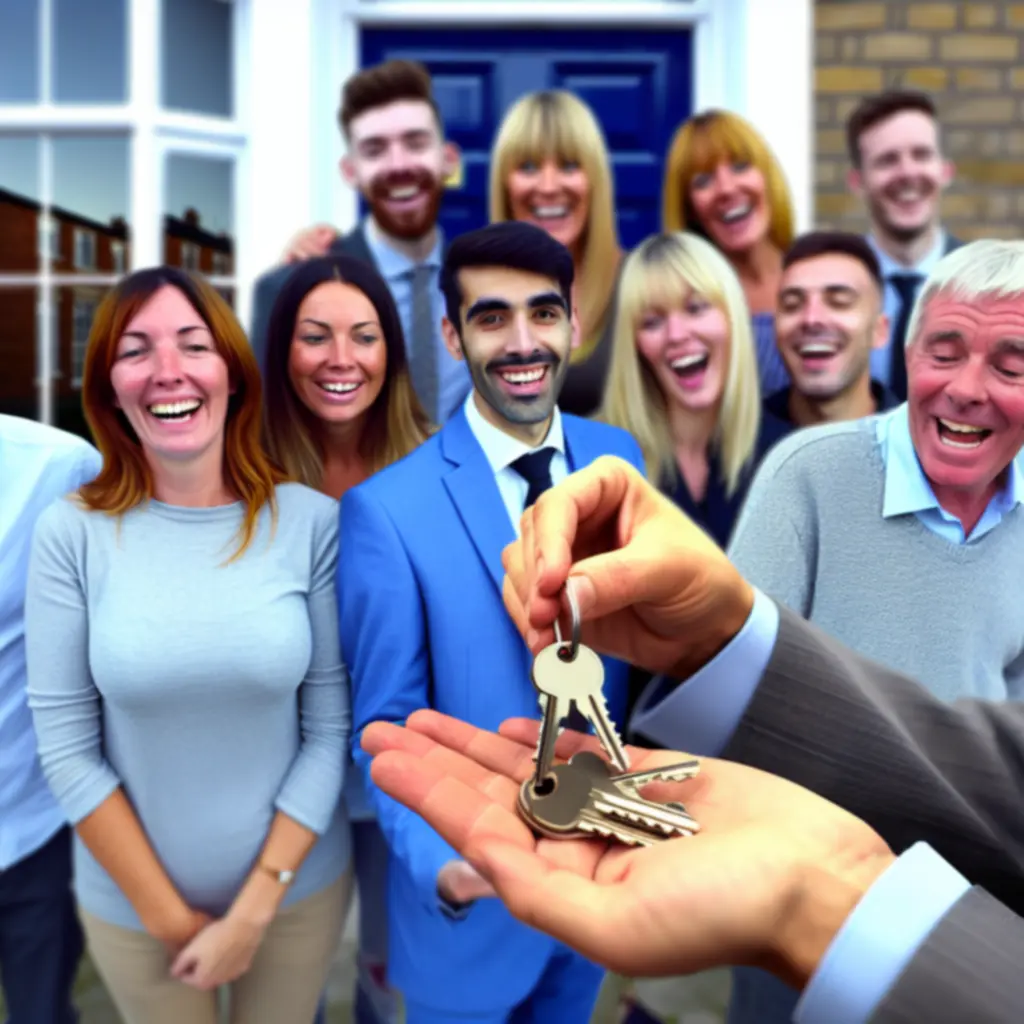 Happy clients receiving house keys after a successful property completion