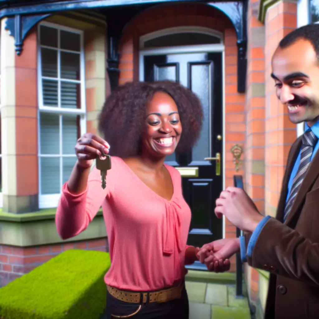 Smiling client receiving property keys after a successful valuation and sale