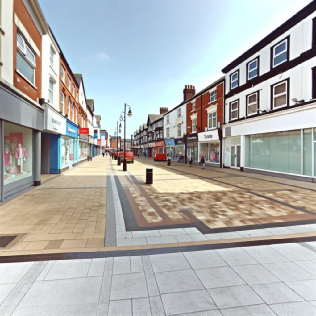 A commercial street scene in Ormskirk with well-presented shopfronts and offices