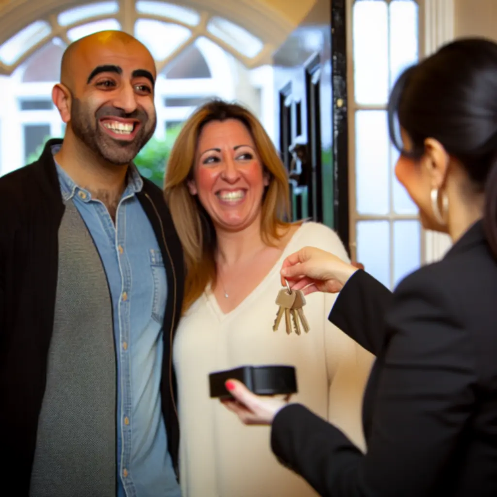 Smiling clients receiving house keys from a property professional